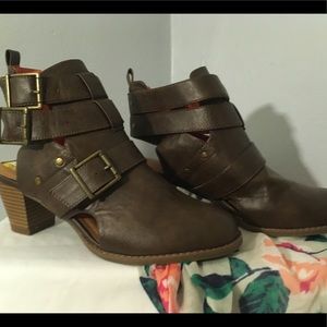 Brown Open Back Ankle Heel Boots Buckle Details
